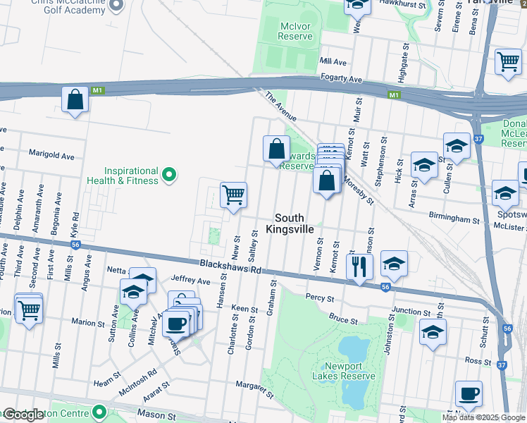 map of restaurants, bars, coffee shops, grocery stores, and more near 65 Saltley Street in South Kingsville