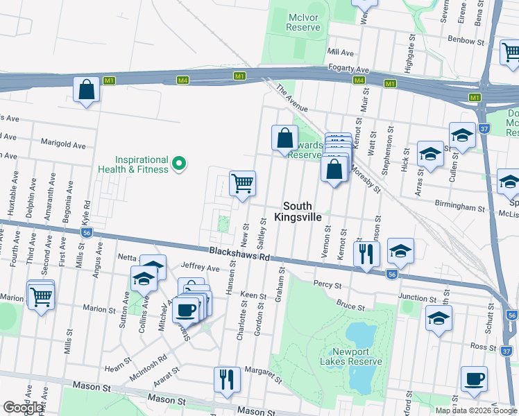 map of restaurants, bars, coffee shops, grocery stores, and more near 7 Aloha Street in South Kingsville