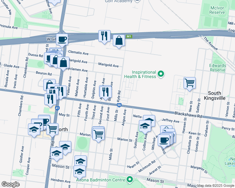 map of restaurants, bars, coffee shops, grocery stores, and more near 11 Kyle Road in Altona North