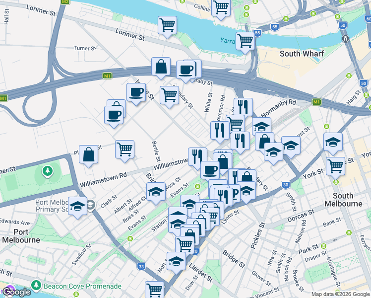map of restaurants, bars, coffee shops, grocery stores, and more near 525 Williamstown Road in Port Melbourne