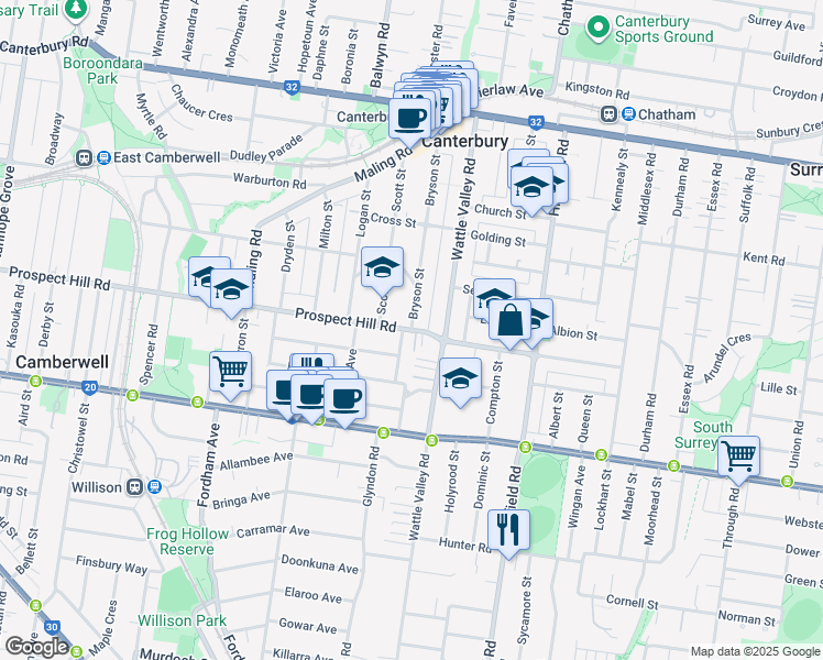 map of restaurants, bars, coffee shops, grocery stores, and more near Prospect Hill Road in Canterbury