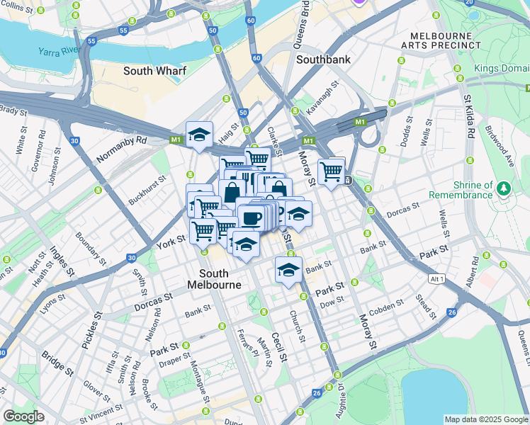 map of restaurants, bars, coffee shops, grocery stores, and more near 101 York Street in South Melbourne