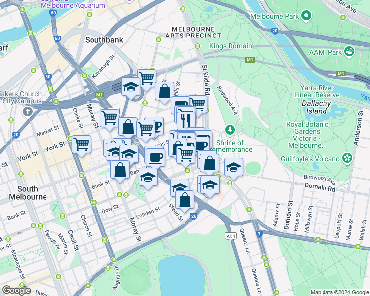 map of restaurants, bars, coffee shops, grocery stores, and more near 150E Wells Street in South Melbourne