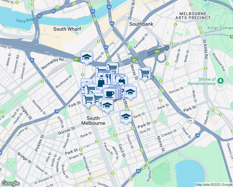 map of restaurants, bars, coffee shops, grocery stores, and more near 101 York Street in South Melbourne
