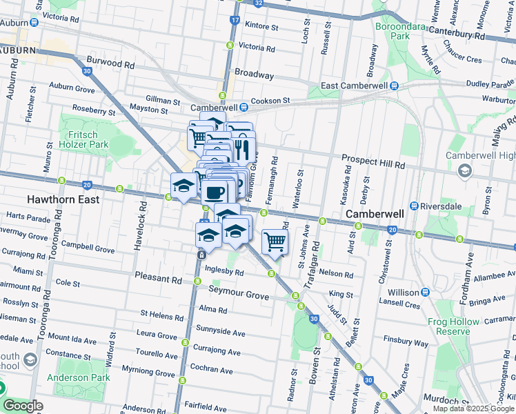 map of restaurants, bars, coffee shops, grocery stores, and more near 561 Riversdale Road in Camberwell