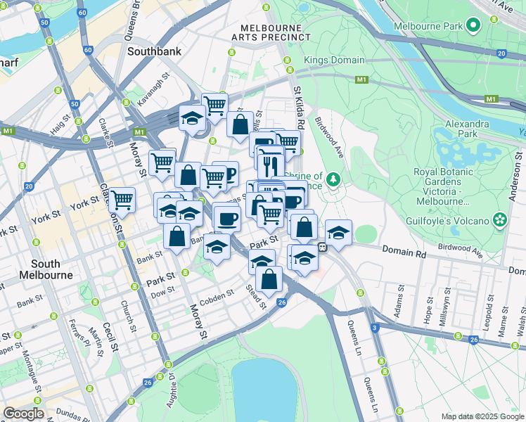 map of restaurants, bars, coffee shops, grocery stores, and more near 28 Bank Street in South Melbourne