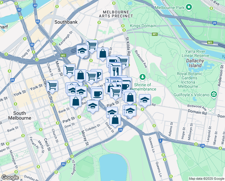 map of restaurants, bars, coffee shops, grocery stores, and more near 28 Bank Street in South Melbourne