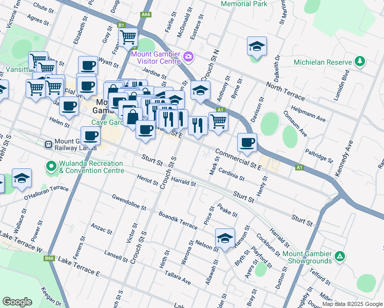 map of restaurants, bars, coffee shops, grocery stores, and more near 11 Anthony Street in Mount Gambier