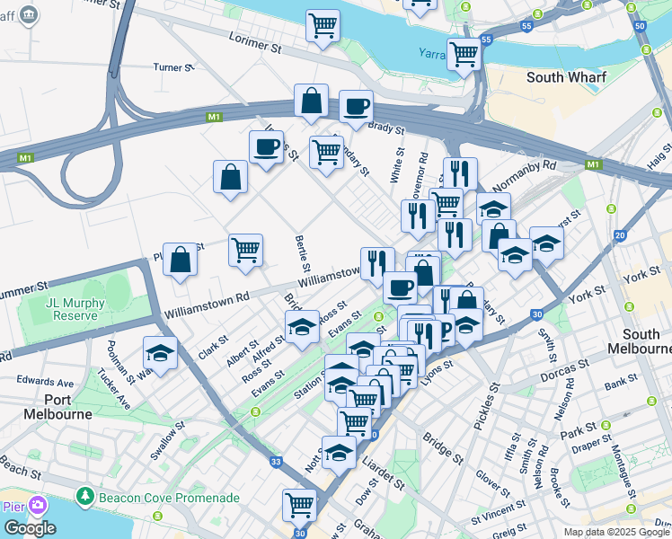 map of restaurants, bars, coffee shops, grocery stores, and more near 525 Williamstown Road in Port Melbourne
