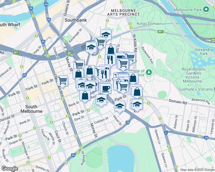 map of restaurants, bars, coffee shops, grocery stores, and more near 209 Kings Way in South Melbourne
