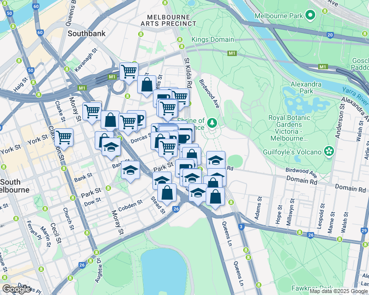 map of restaurants, bars, coffee shops, grocery stores, and more near 368 St Kilda Road in Melbourne