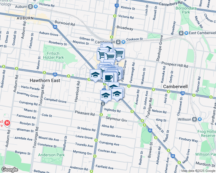 map of restaurants, bars, coffee shops, grocery stores, and more near 250 Camberwell Road in Camberwell