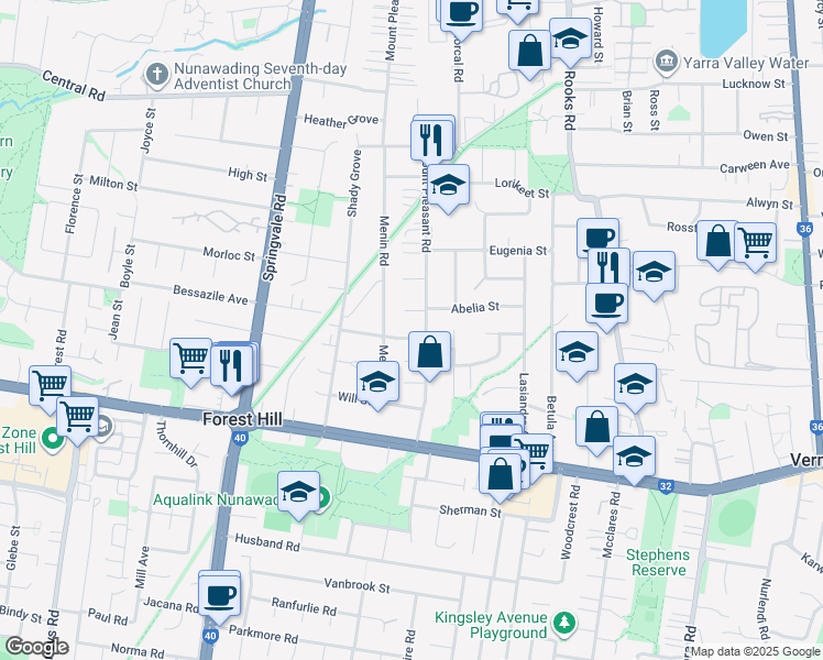 map of restaurants, bars, coffee shops, grocery stores, and more near 13 Fisher Street in Forest Hill