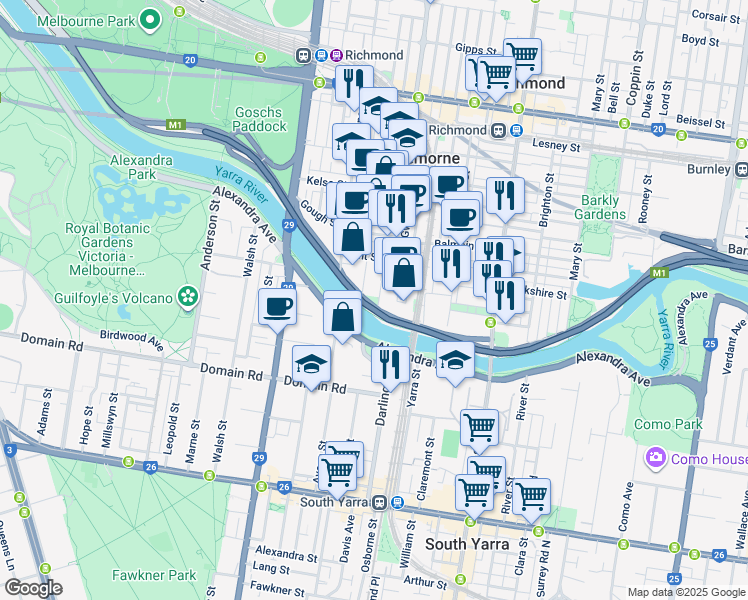 map of restaurants, bars, coffee shops, grocery stores, and more near 196 Cubitt Street in Cremorne