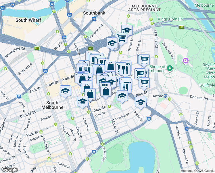 map of restaurants, bars, coffee shops, grocery stores, and more near 167 Dorcas Street in South Melbourne