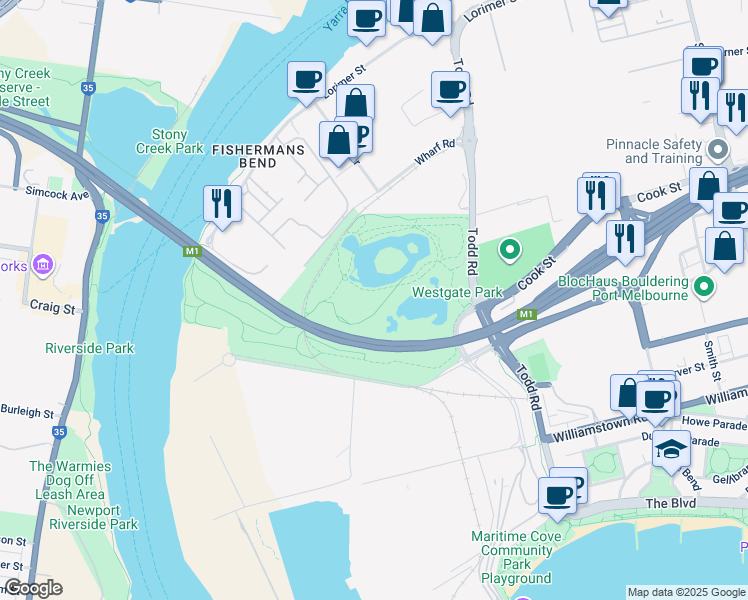 map of restaurants, bars, coffee shops, grocery stores, and more near 4 Wharf Road in Port Melbourne