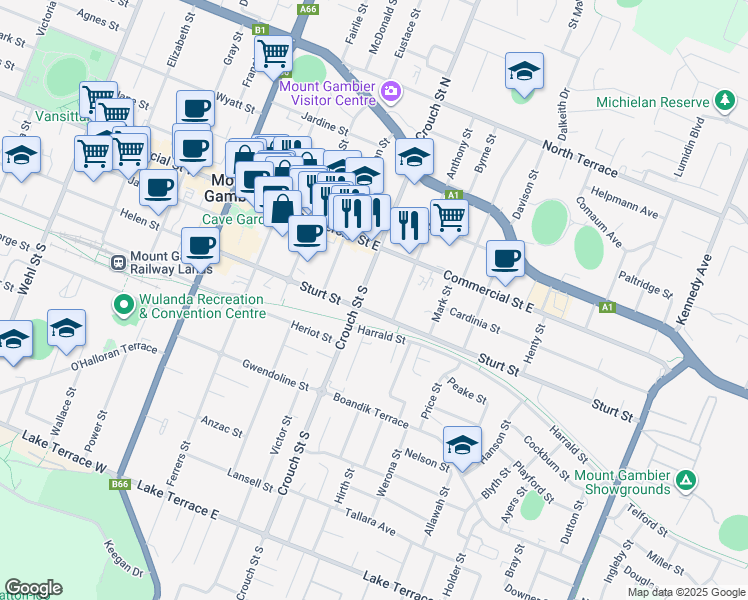 map of restaurants, bars, coffee shops, grocery stores, and more near 11 Anthony Street in Mount Gambier