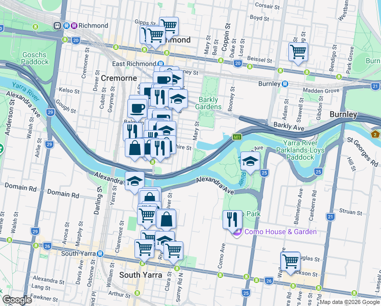 map of restaurants, bars, coffee shops, grocery stores, and more near 314 Mary Street in Richmond