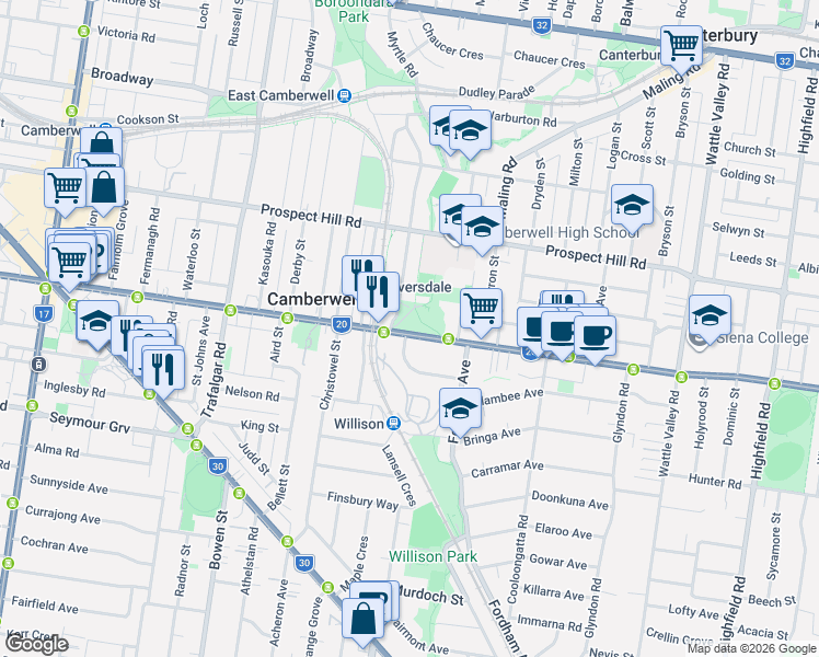map of restaurants, bars, coffee shops, grocery stores, and more near 661 Riversdale Road in Camberwell