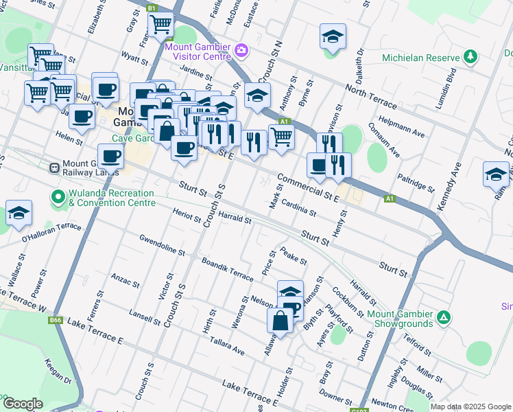 map of restaurants, bars, coffee shops, grocery stores, and more near 31 Sturt Street in Mount Gambier