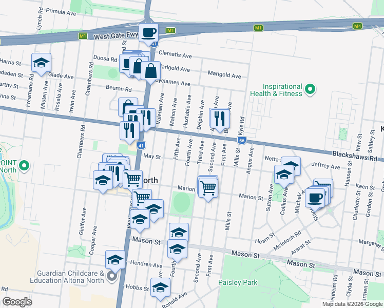 map of restaurants, bars, coffee shops, grocery stores, and more near 80 Fourth Avenue in Altona North