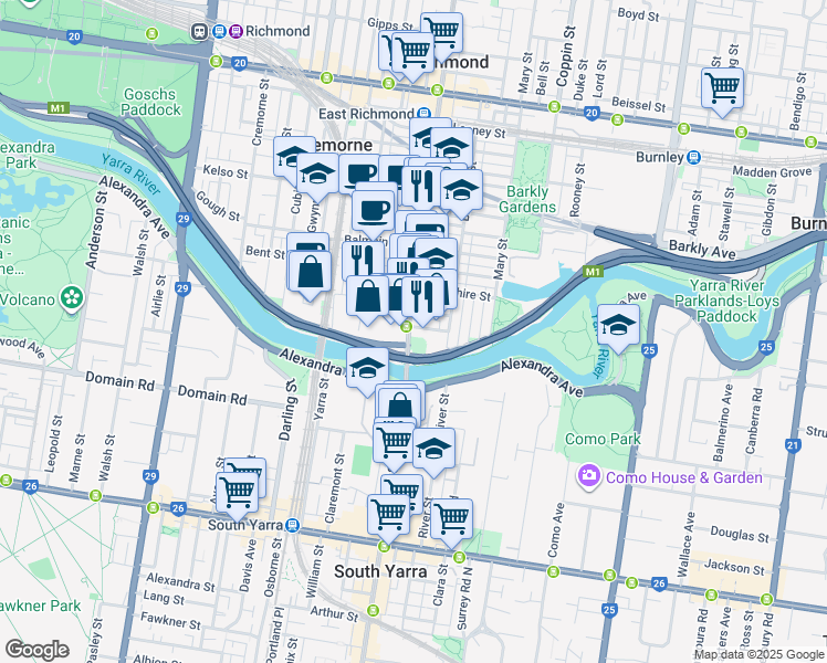 map of restaurants, bars, coffee shops, grocery stores, and more near 631-633 Church Street in Richmond