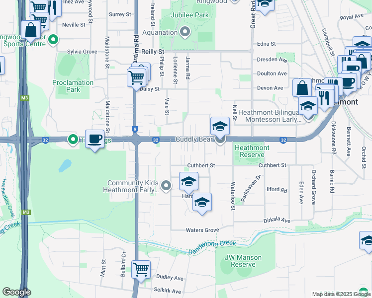 map of restaurants, bars, coffee shops, grocery stores, and more near 298 Canterbury Road in Heathmont
