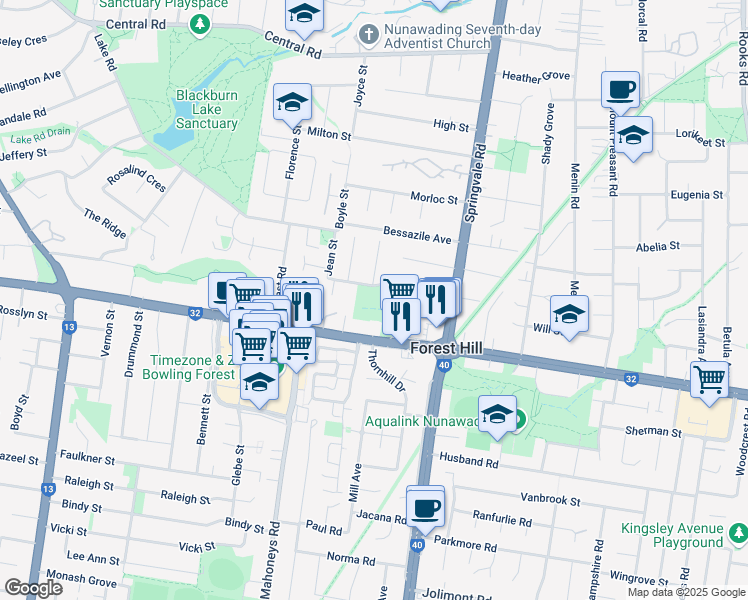 map of restaurants, bars, coffee shops, grocery stores, and more near in Forest Hill