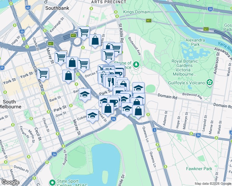 map of restaurants, bars, coffee shops, grocery stores, and more near 1 Palmerston Crescent in South Melbourne