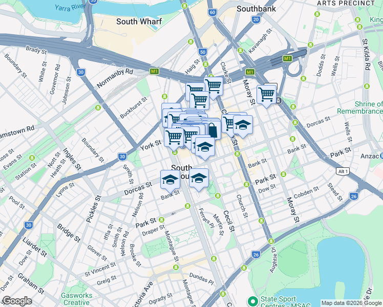 map of restaurants, bars, coffee shops, grocery stores, and more near 323 Coventry Street in South Melbourne