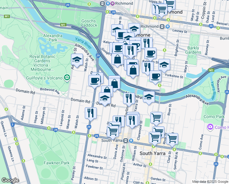 map of restaurants, bars, coffee shops, grocery stores, and more near 1 Lawson Grove in South Yarra