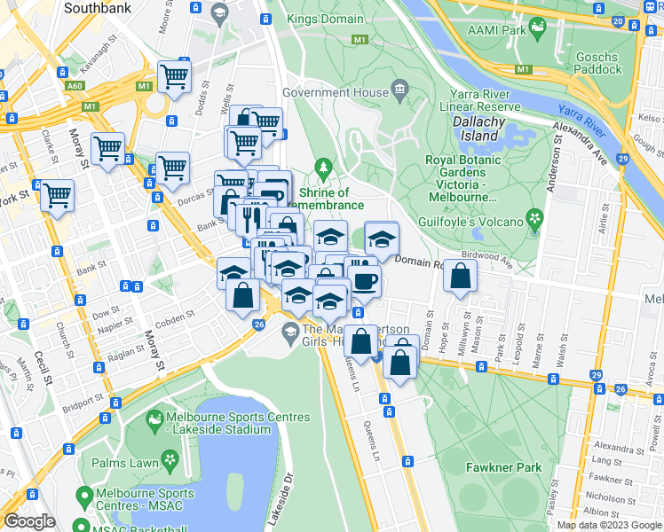 map of restaurants, bars, coffee shops, grocery stores, and more near 355 St Kilda Rd in Melbourne