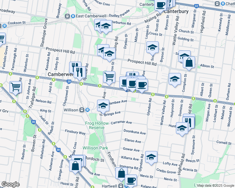 map of restaurants, bars, coffee shops, grocery stores, and more near 700 Riversdale Road in Camberwell