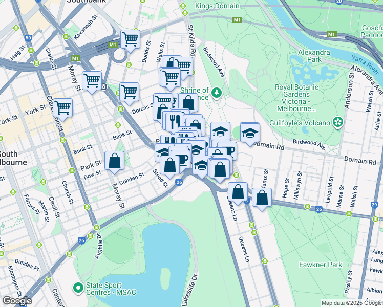 map of restaurants, bars, coffee shops, grocery stores, and more near 50 Albert Road in South Melbourne