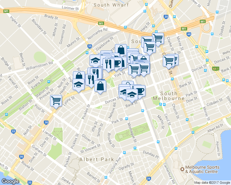 map of restaurants, bars, coffee shops, grocery stores, and more near 222 Montague Street in South Melbourne