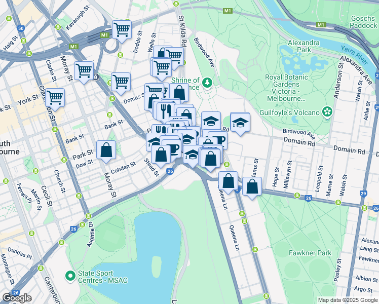 map of restaurants, bars, coffee shops, grocery stores, and more near 35 Albert Road in Melbourne