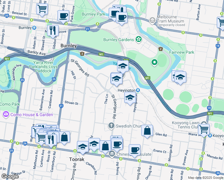 map of restaurants, bars, coffee shops, grocery stores, and more near 44 Lansell Road in Toorak