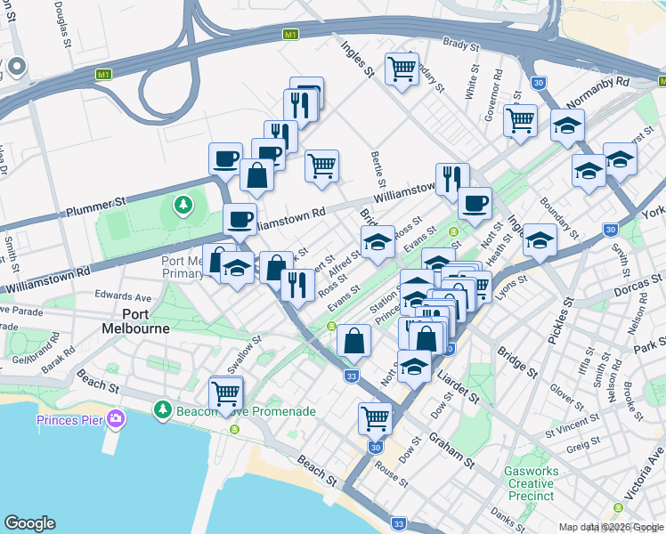 map of restaurants, bars, coffee shops, grocery stores, and more near 39 Alfred Street in Port Melbourne