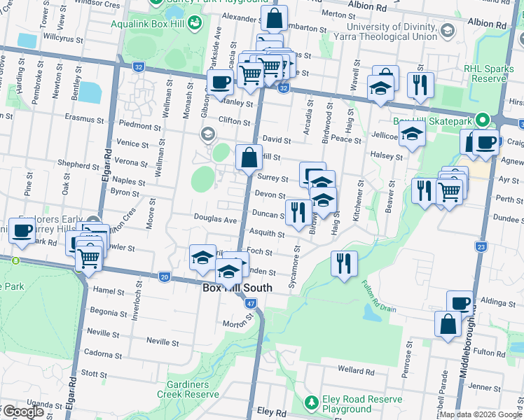 map of restaurants, bars, coffee shops, grocery stores, and more near 5 Duncan Street in Box Hill South