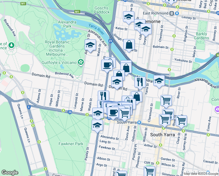 map of restaurants, bars, coffee shops, grocery stores, and more near 259 Domain Road in South Yarra