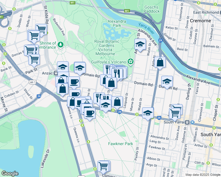map of restaurants, bars, coffee shops, grocery stores, and more near 100 Millswyn Street in South Yarra