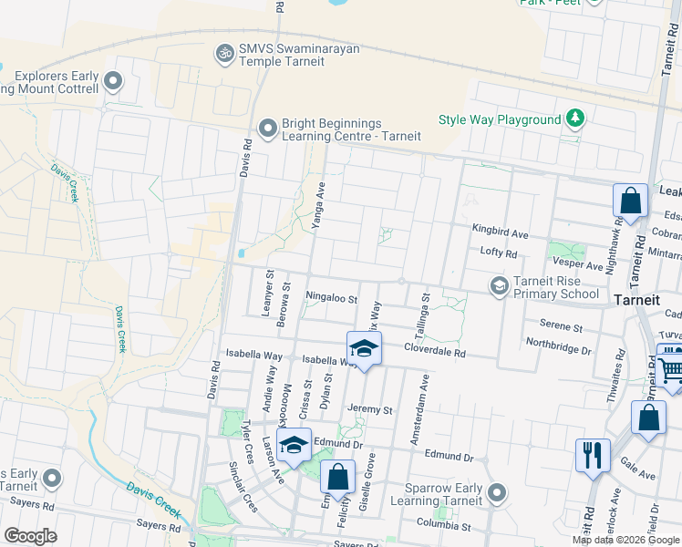 map of restaurants, bars, coffee shops, grocery stores, and more near 140 Hummingbird Boulevard in Tarneit