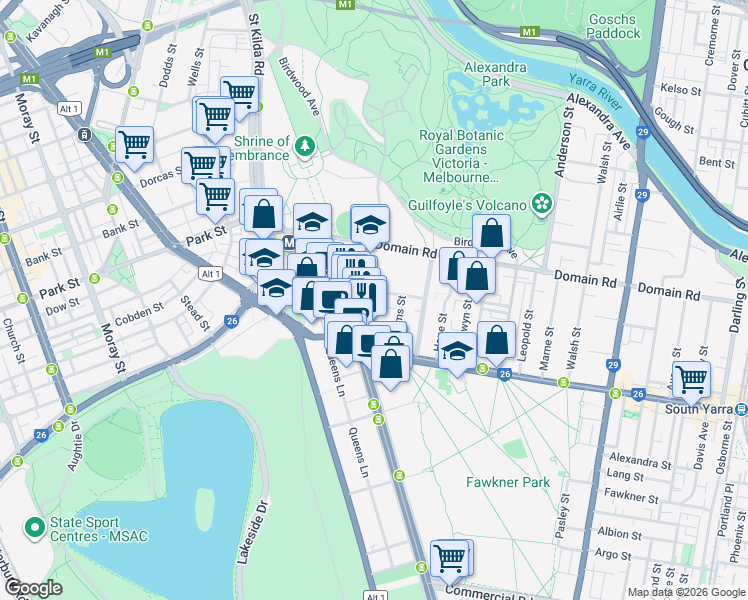 map of restaurants, bars, coffee shops, grocery stores, and more near 49 Arnold Street in South Yarra