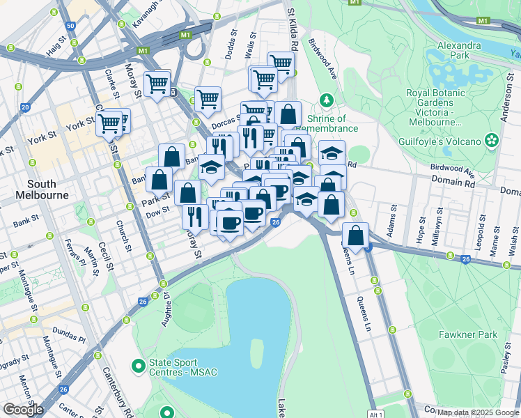 map of restaurants, bars, coffee shops, grocery stores, and more near 71-73 Palmerston Crescent in South Melbourne