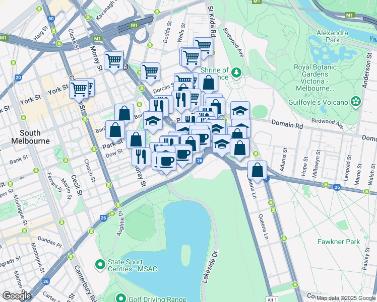 map of restaurants, bars, coffee shops, grocery stores, and more near 71-73 Palmerston Crescent in South Melbourne