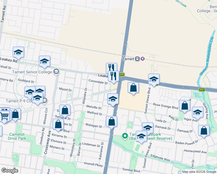map of restaurants, bars, coffee shops, grocery stores, and more near 4 Bunnorong Street in Tarneit