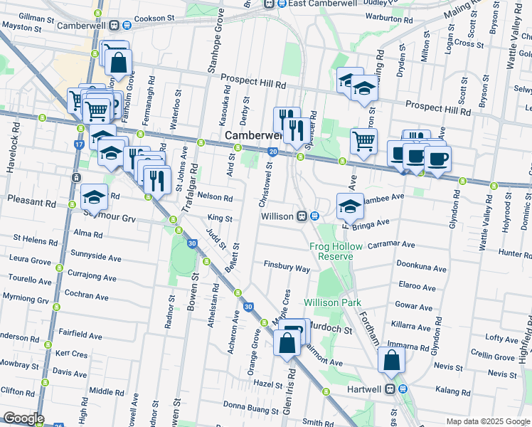 map of restaurants, bars, coffee shops, grocery stores, and more near 19A Christowel Street in Camberwell