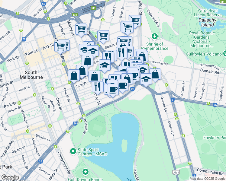 map of restaurants, bars, coffee shops, grocery stores, and more near 97 Palmerston Crescent in South Melbourne