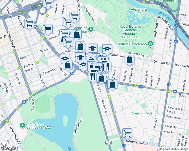 map of restaurants, bars, coffee shops, grocery stores, and more near 1 Queens Road in Melbourne