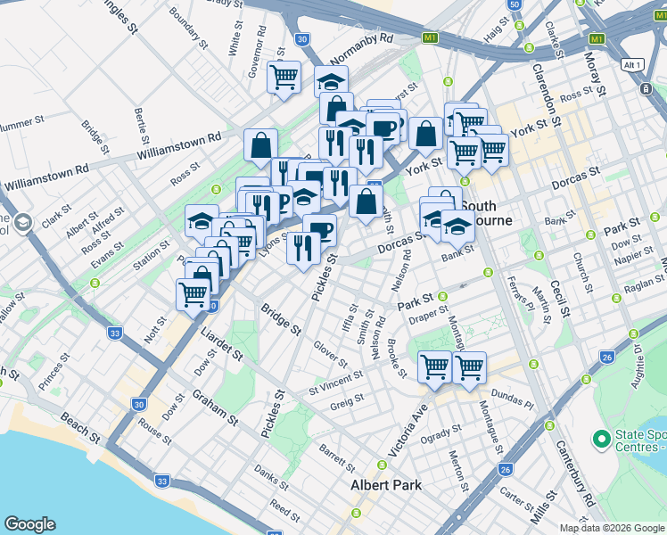 map of restaurants, bars, coffee shops, grocery stores, and more near 170 Pickles Street in South Melbourne
